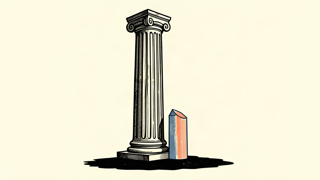 A tall, thick pillar stands higher than a thinner adjacent pillar, illustrating the dollar's strength relative to the yen.