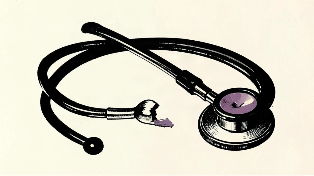 A linocut illustration of a stethoscope with a section of its tubing missing, representing the reduction of healthcare coverage.