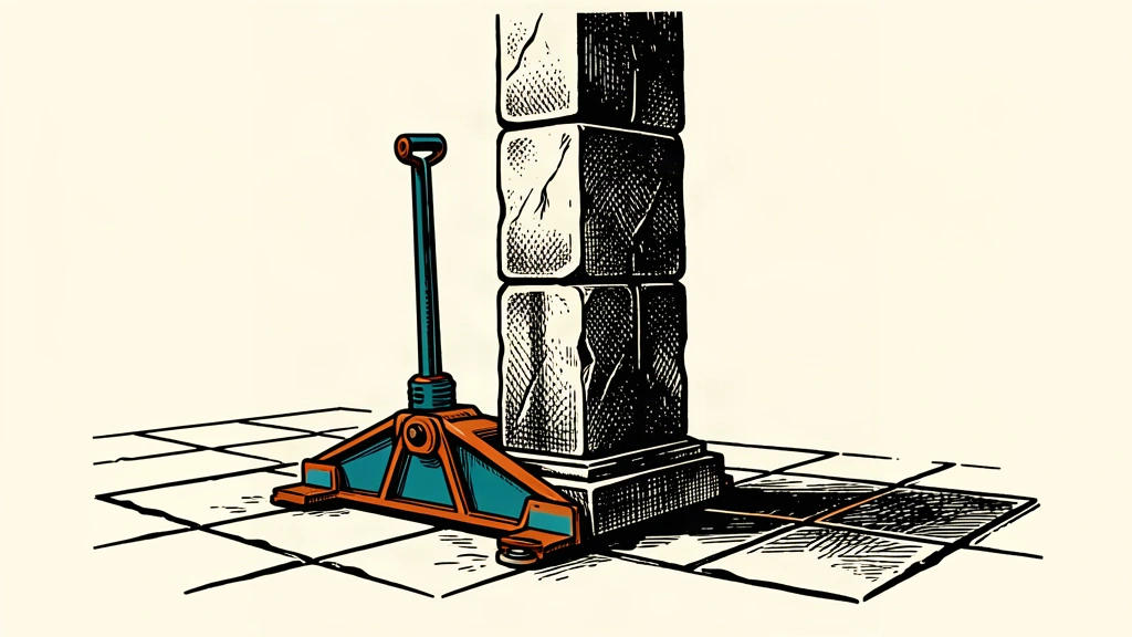 A sturdy stone pillar is being adjusted by a mechanical jack to reach a new stable position on a solid floor.