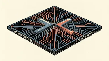A stylized semiconductor chip with two distinct internal zones and thirty-two radiating paths on ivory paper.