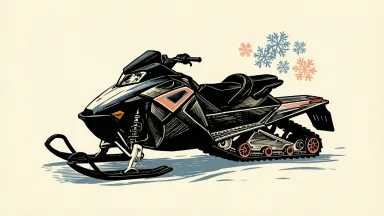 BRP's Ski-Doo snowmobile with engine silhouette on snowdrift, surrounded by snowflakes.