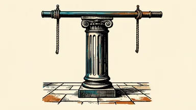 Goldman Sachs stock under a hold rating: a heavy iron bar rests across the top of a tall architectural column, capping its upward movement.