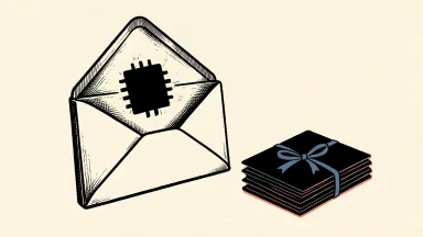 Nvidia director Coxe gifts 500,000 shares, depicted as a chip emerging from an envelope beside a stack of share certificates.