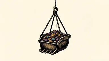 Nexa Resources upgraded to Overweight: a heavy mining bucket filled with ore is hoisted upward by a steel cable.
