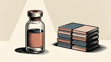 Natera's multi-cancer detection assay: a medical vial highlighted by a beam of light next to a stack of twelve plain tiles.
