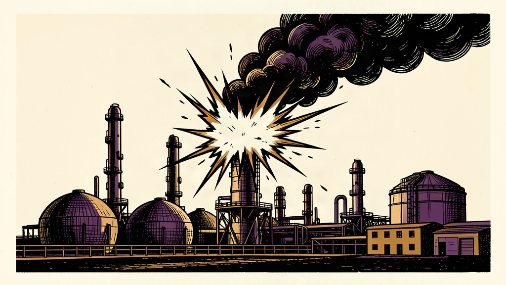 An editorial illustration of an oil refinery being struck, showing a dark smoke plume rising from a ruptured industrial tower.