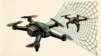 Powerus autonomous drone interceptor: a large quadcopter drone capturing a smaller drone in a projected field.