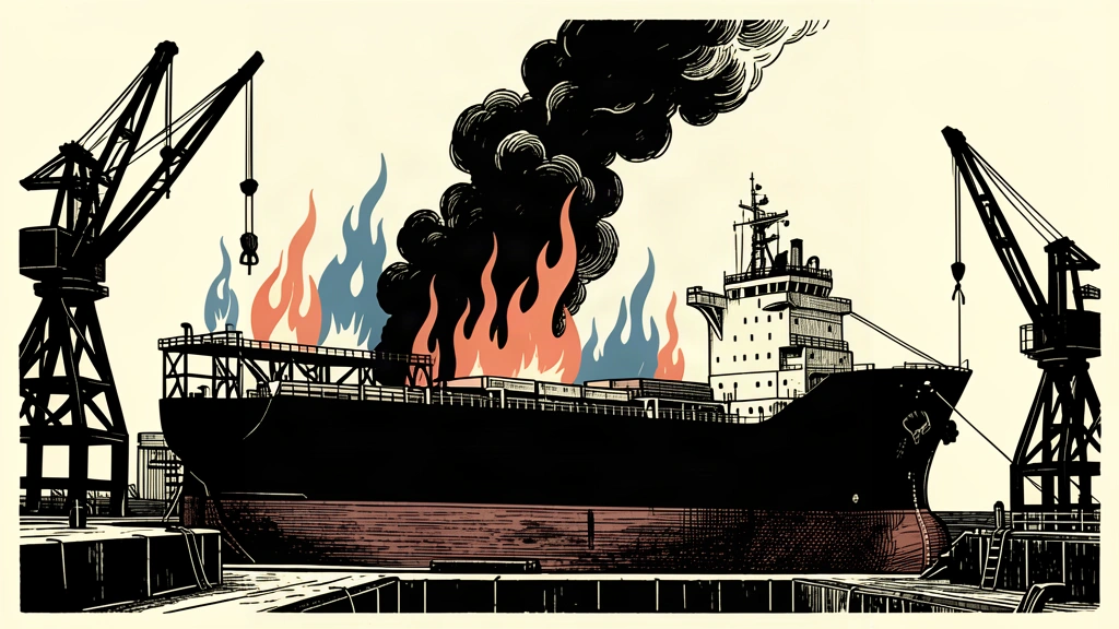 An editorial illustration of a large cargo ship in a shipyard with smoke and flames rising from its deck.