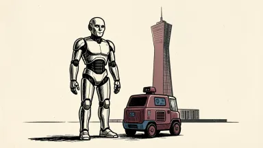 FFR robotics launch: a humanoid robot and a smaller mini robot stand before the silhouette of the Nasdaq Tower.