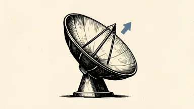A satellite dish with an upward arrow beside it, representing Deutsche Bank's upgrade of AST SpaceMobile to Buy.
