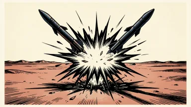 Saudi-led coalition intercepts missiles: two ballistic missile silhouettes are broken apart by a sharp mid-air burst over a quiet desert horizon.