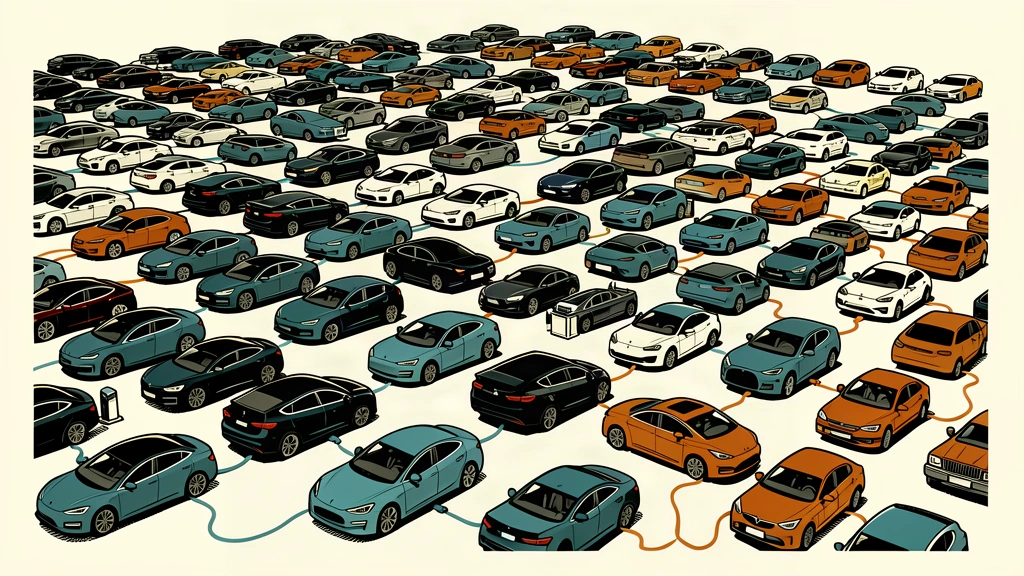 An editorial illustration showing a vast majority of electric cars connected to chargers, leaving only a small group of traditional vehicles in the corner.