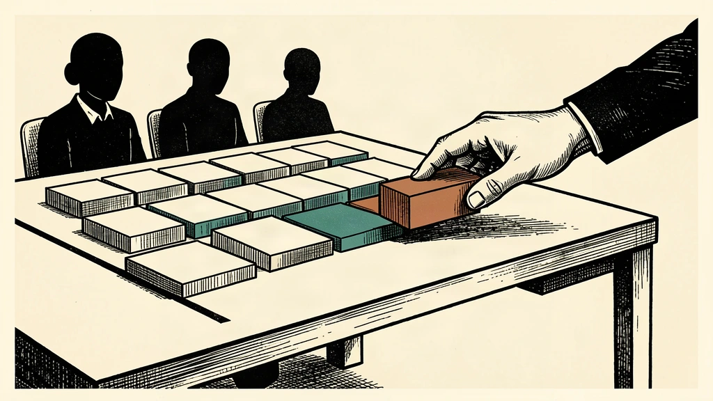 An editorial illustration showing a hand placing a barrier on a table to pace the movement of several geometric blocks.