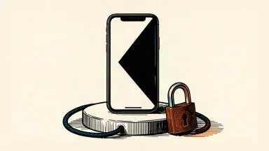 A smartphone tethered to a large padlock on a pedestal, representing a rental subscription model.
