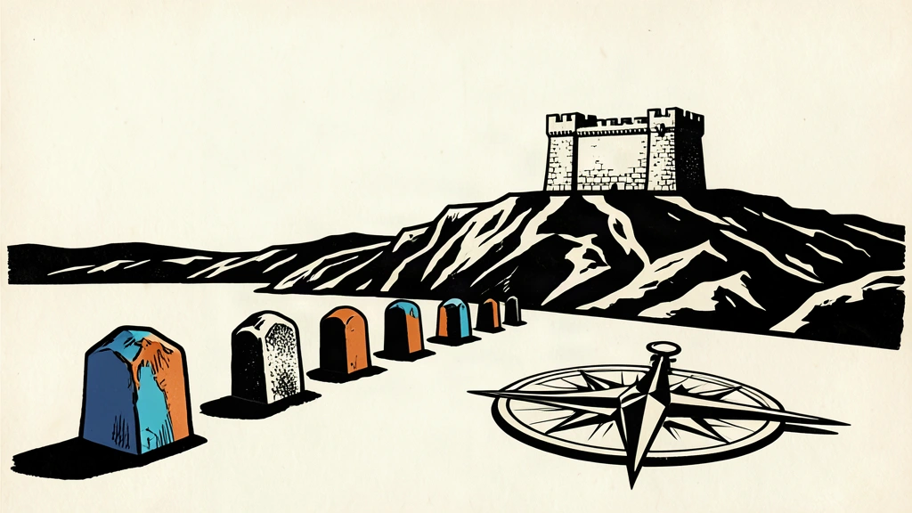 A linocut illustration of a stone fortress and directional markers on an open ivory plain, symbolizing military movement.