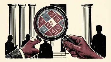 FIS launches an AI-powered AML tool for banks: a magnifying glass held by a hand reveals hidden patterns in a stream of data tiles before a bank facade.