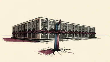 Oracle data center project in Wisconsin facing potential delays: a large server building is restrained by a heavy iron chain and stake.