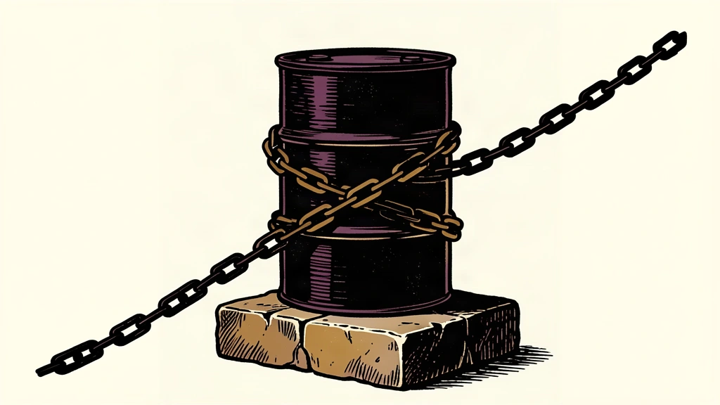 An editorial illustration of an oil barrel bound by a heavy chain, symbolizing the price tension caused by regional conflict.