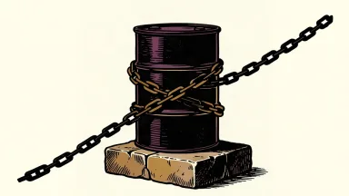 An editorial illustration of an oil barrel bound by a heavy chain, symbolizing the price tension caused by regional conflict.