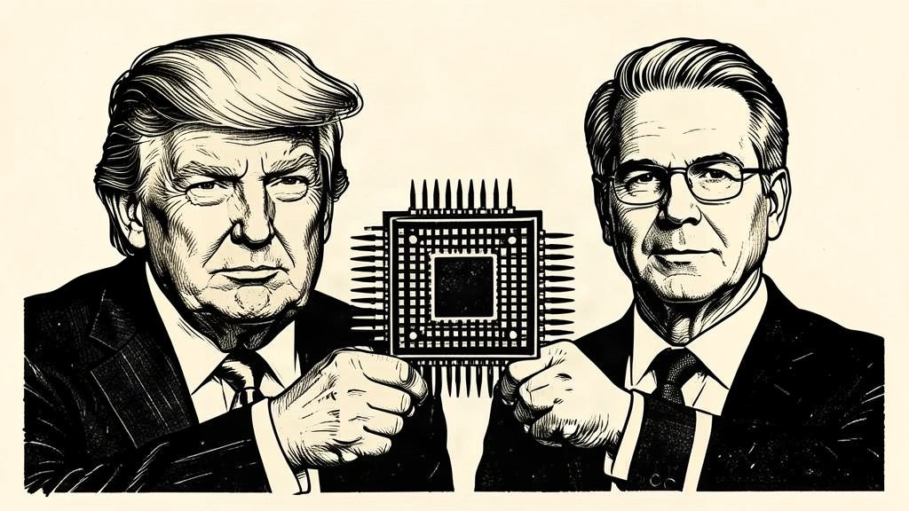 An editorial illustration showing Donald Trump and Scott Bessent jointly holding a large computer chip, symbolizing policy alignment with the semiconductor industry. Identity photo references adapted into illustration: Daniel Torok (Public domain; https://commons.wikimedia.org/wiki/File:Official_Presidential_Portrait_of_President_Donald_J._Trump_(2025).jpg); source https://commons.wikimedia.org/wiki/File:Official_Presidential_Portrait_of_President_Donald_J._Trump_(2025).jpg | United States Department of the Treasury (Public domain; https://commons.wikimedia.org/wiki/File:Official_portrait_of_Treasury_Secretary_Scott_Bessent.jpg); source https://commons.wikimedia.org/wiki/File:Official_portrait_of_Treasury_Secretary_Scott_Bessent.jpg