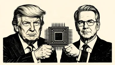 An editorial illustration showing Donald Trump and Scott Bessent jointly holding a large computer chip, symbolizing policy alignment with the semiconductor industry. Identity photo references adapted into illustration: Daniel Torok (Public domain; https://commons.wikimedia.org/wiki/File:Official_Presidential_Portrait_of_President_Donald_J._Trump_(2025).jpg); source https://commons.wikimedia.org/wiki/File:Official_Presidential_Portrait_of_President_Donald_J._Trump_(2025).jpg | United States Department of the Treasury (Public domain; https://commons.wikimedia.org/wiki/File:Official_portrait_of_Treasury_Secretary_Scott_Bessent.jpg); source https://commons.wikimedia.org/wiki/File:Official_portrait_of_Treasury_Secretary_Scott_Bessent.jpg