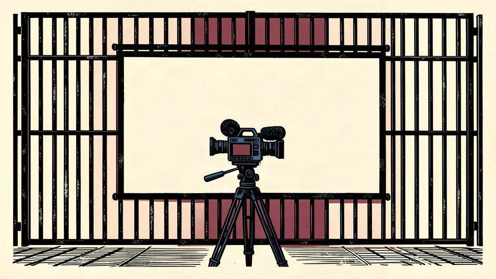 An editorial illustration showing a professional camera lens focused on a blank screen mounted over heavy prison bars, symbolizing the reported streaming of a social experiment.