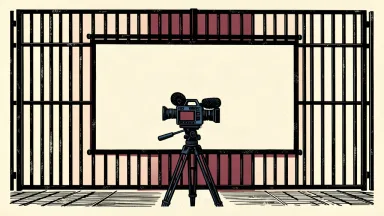 An editorial illustration showing a professional camera lens focused on a blank screen mounted over heavy prison bars, symbolizing the reported streaming of a social experiment.