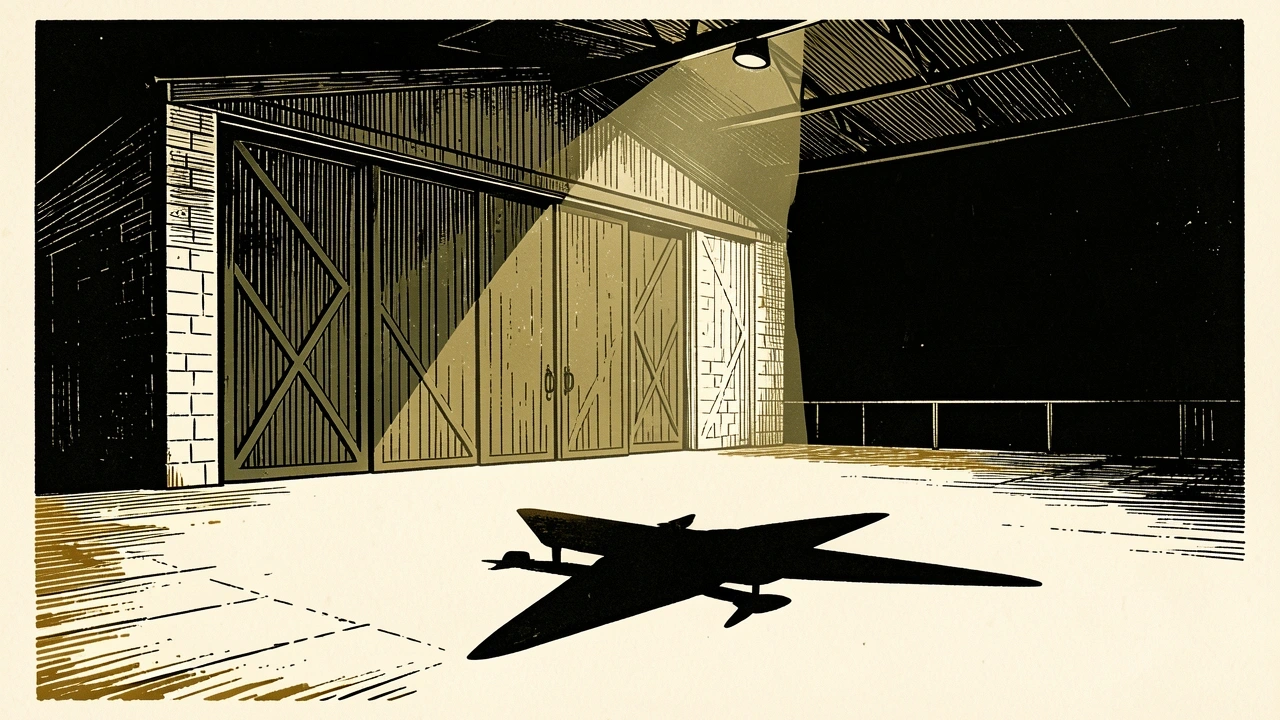RAF Fairford under high alert following warnings of a potential attack: a secure military hangar is approached by a large, sharp shadow of a drone.