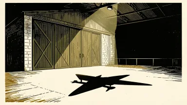 RAF Fairford under high alert following warnings of a potential attack: a secure military hangar is approached by a large, sharp shadow of a drone.
