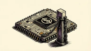 Chip stocks under pressure as CEOs warn of AI funding constraints: a semiconductor chip is blocked by a heavy, chained metal gate marked with a dollar sign.