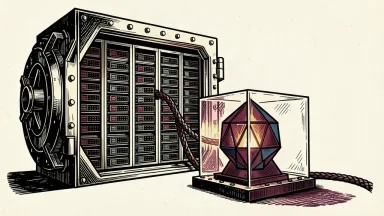 An open vault door reveals a modular data center being powered by a central glowing core.
