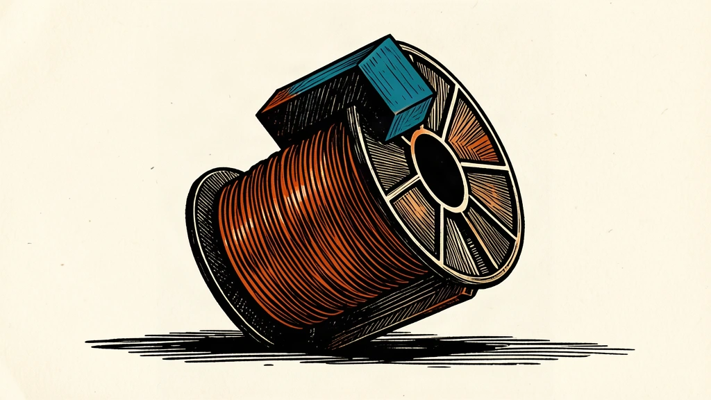An editorial illustration showing a large spool of copper wire being pressed down and tilted by a heavy dark block, symbolizing market pressure from tariff concerns.