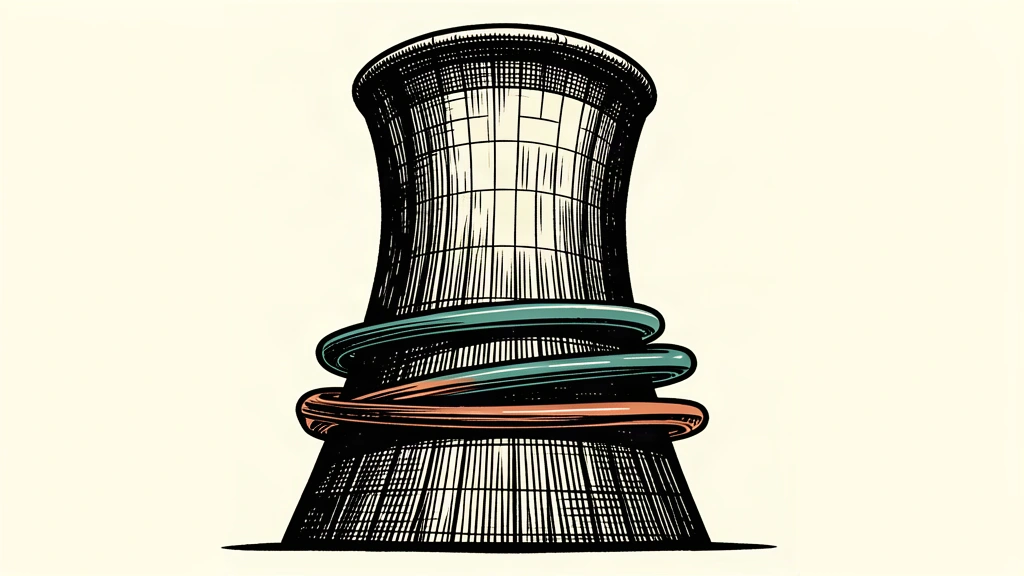 An editorial illustration of a nuclear cooling tower encircled by thick protective rings, symbolizing international oversight and nonproliferation.
