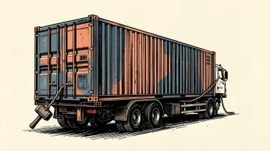 Fluence Energy faces a class action lawsuit over production delays: a large battery storage unit on a trailer is held back by a heavy gavel.
