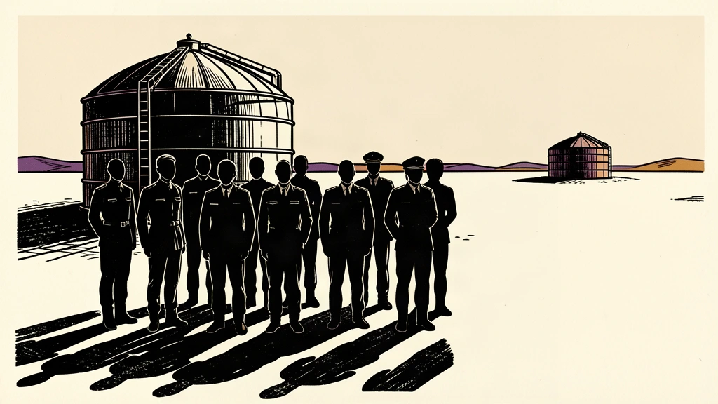 An editorial illustration showing a group of military silhouettes standing near a large oil storage tank in a desert.