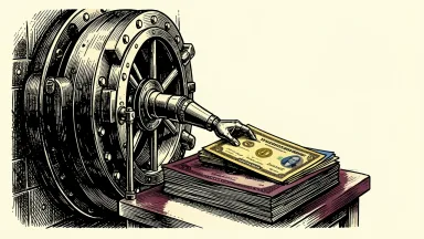 National Bank of Canada share buyback: a mechanical arm reaches from a bank vault to collect a stock certificate.