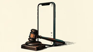 Doximity securities fraud lawsuit: a large smartphone displaying a blank feed stands behind a heavy legal gavel.