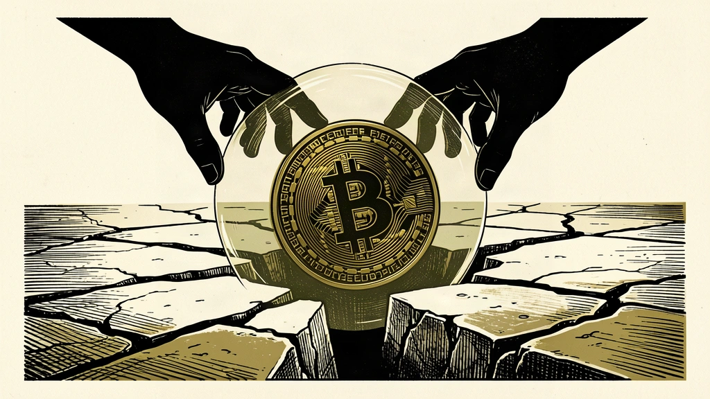 An editorial illustration showing a large digital coin wedged in a floor crack, separated from reaching hands by a technical barrier.