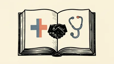 Doximity and U.S. News extend partnership, depicted by a book with hospital and stethoscope icons connected by a handshake.