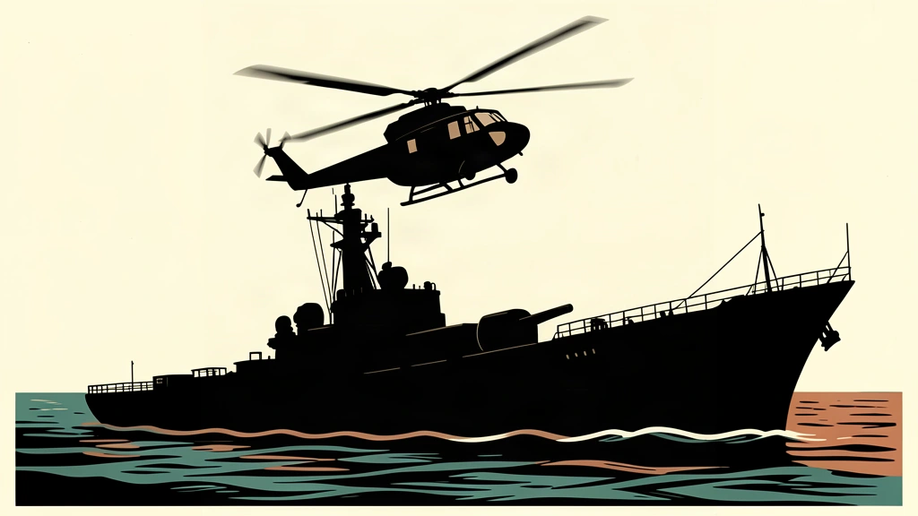 An editorial illustration showing a helicopter performing a sharp maneuver close to a large naval ship.