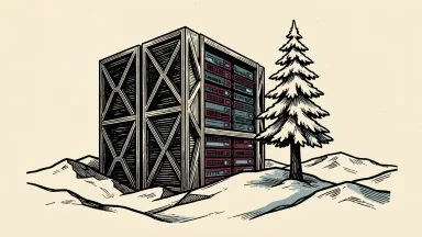 Applied Digital expanding to Finland: a large server rack integrated into a snowy landscape with a single pine tree.