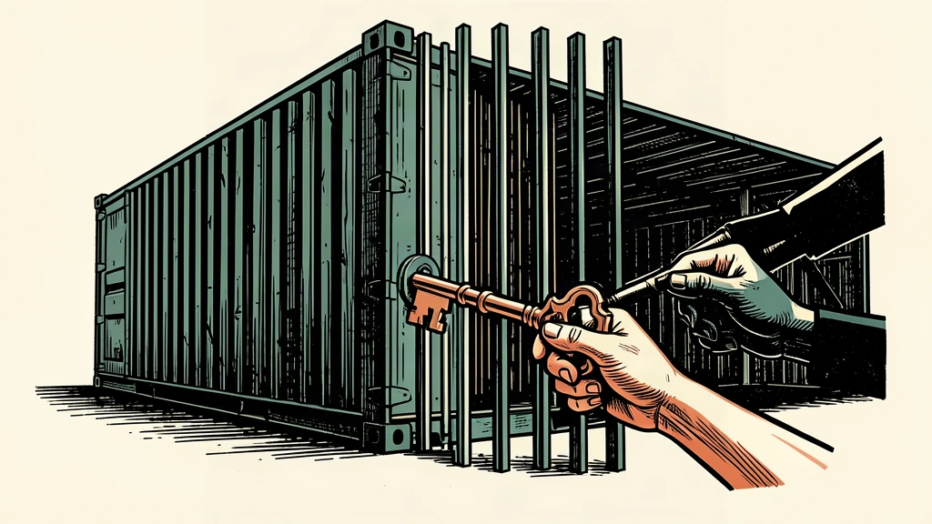 An editorial illustration showing a shipping container being blocked by a descending iron gate as hands withdraw a bank key, symbolizing credit caution during a trade war.