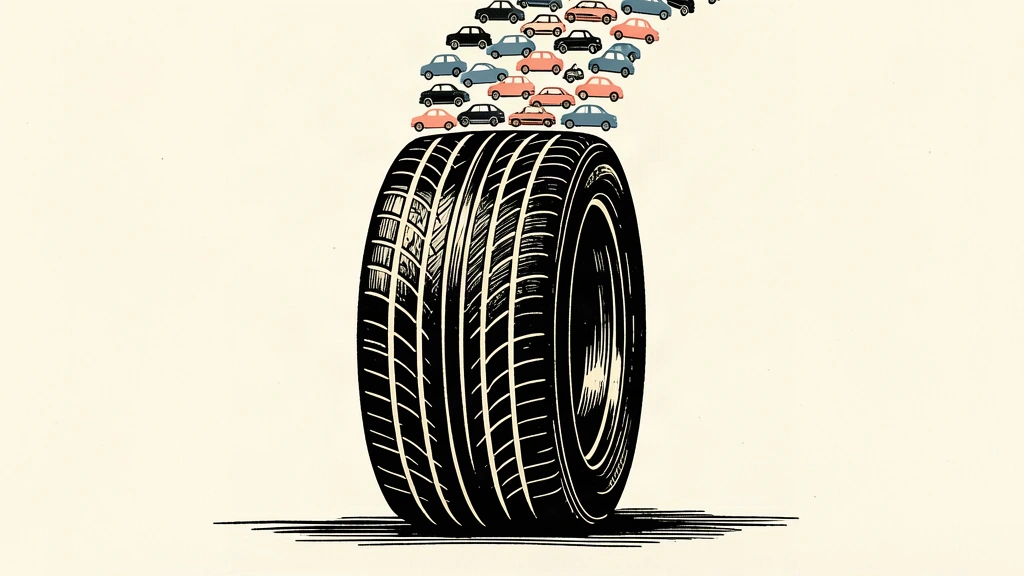 A large black ink tire with a stream of small car silhouettes flowing upward along its tread.