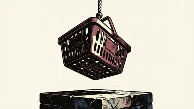 Dollar General stock upgrade: a retail shopping basket is pulled upward by a taut rope, rising above a stone base.