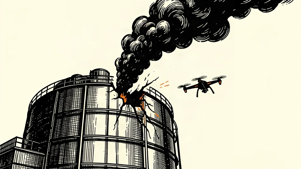 An editorial illustration showing a drone striking a large industrial tank, with smoke rising from a previous impact.