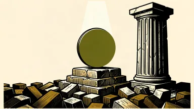 A digital coin with a C-shape logo is elevated on a rising platform next to a massive Senate pillar, while other market blocks sink below.