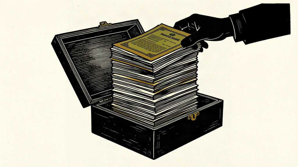 A minimalist editorial illustration in black ink on ivory paper, showing an open ministerial dispatch box filled with a massive, towering stack of geometric security documents that rises well above the rim. An anonymous hand places a final thick bundle of papers onto the top of the stack, symbolizin