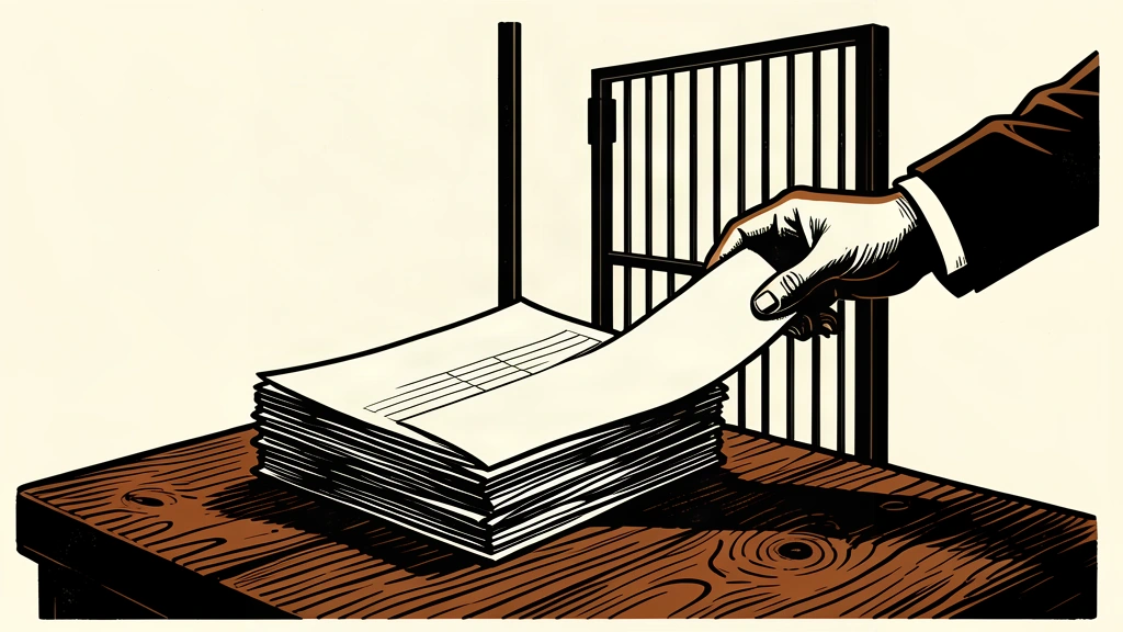 An editorial illustration showing a tax document being removed from a secure pile and passed through a heavy metal gate.