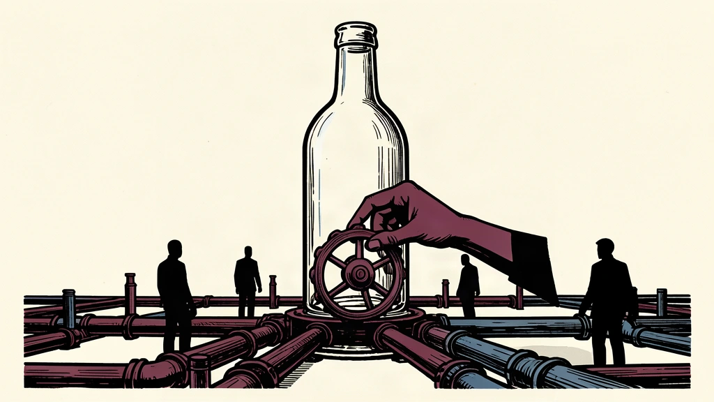An editorial illustration of a large bottle acting as a structural pillar with industrial pipes growing from its base.
