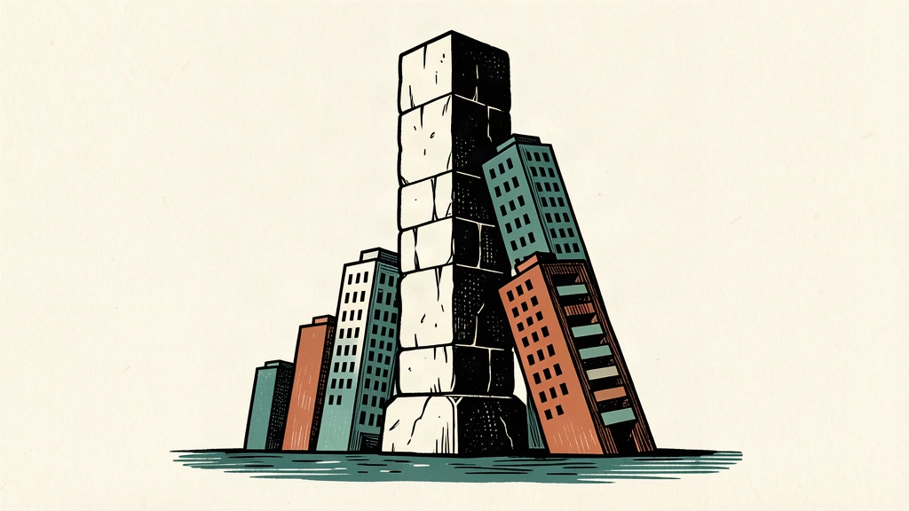 A large stone pillar stops a row of leaning residential buildings from falling further.